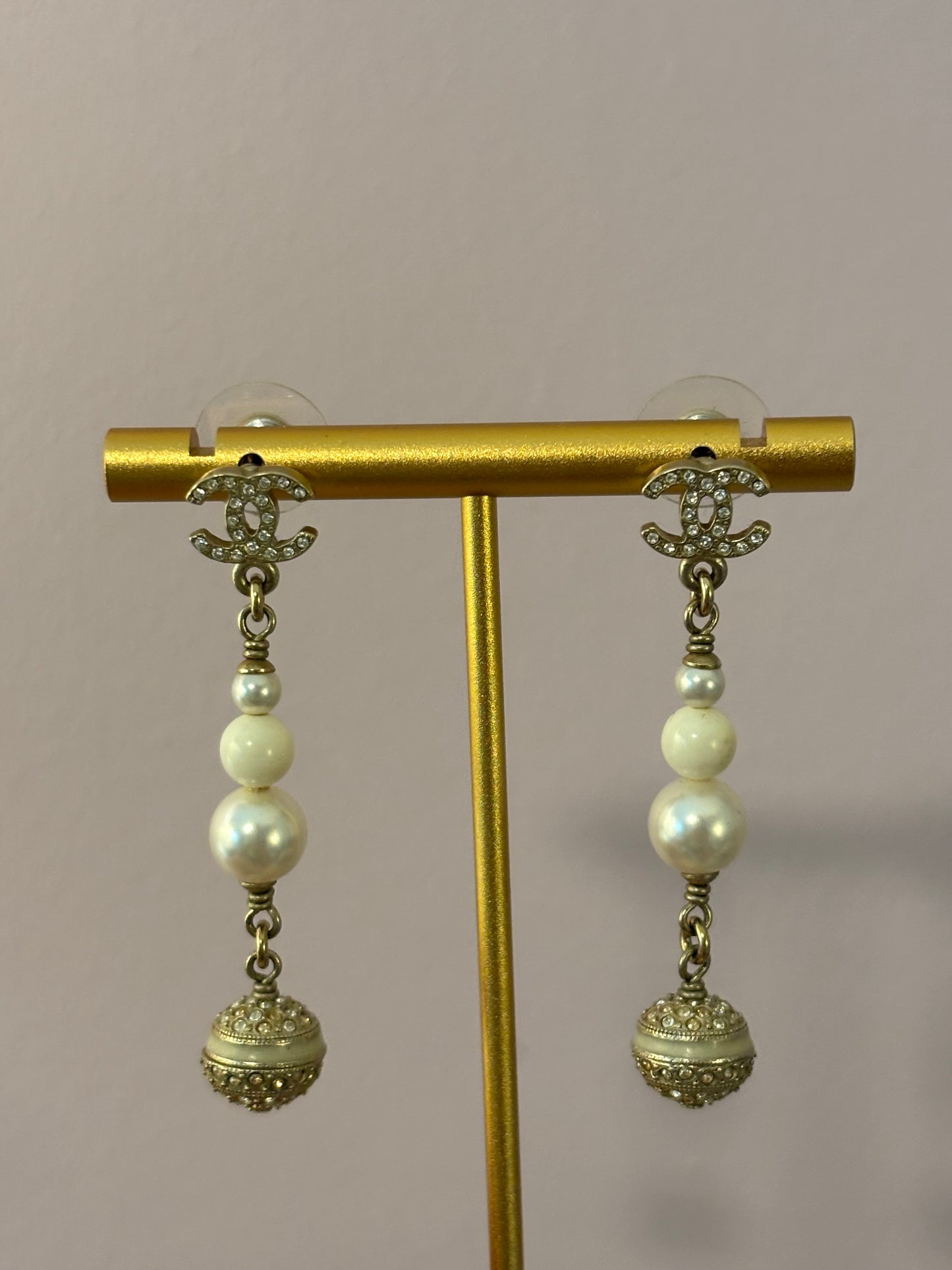 Chanel Faux Pearl Dangle Pierced Earrings