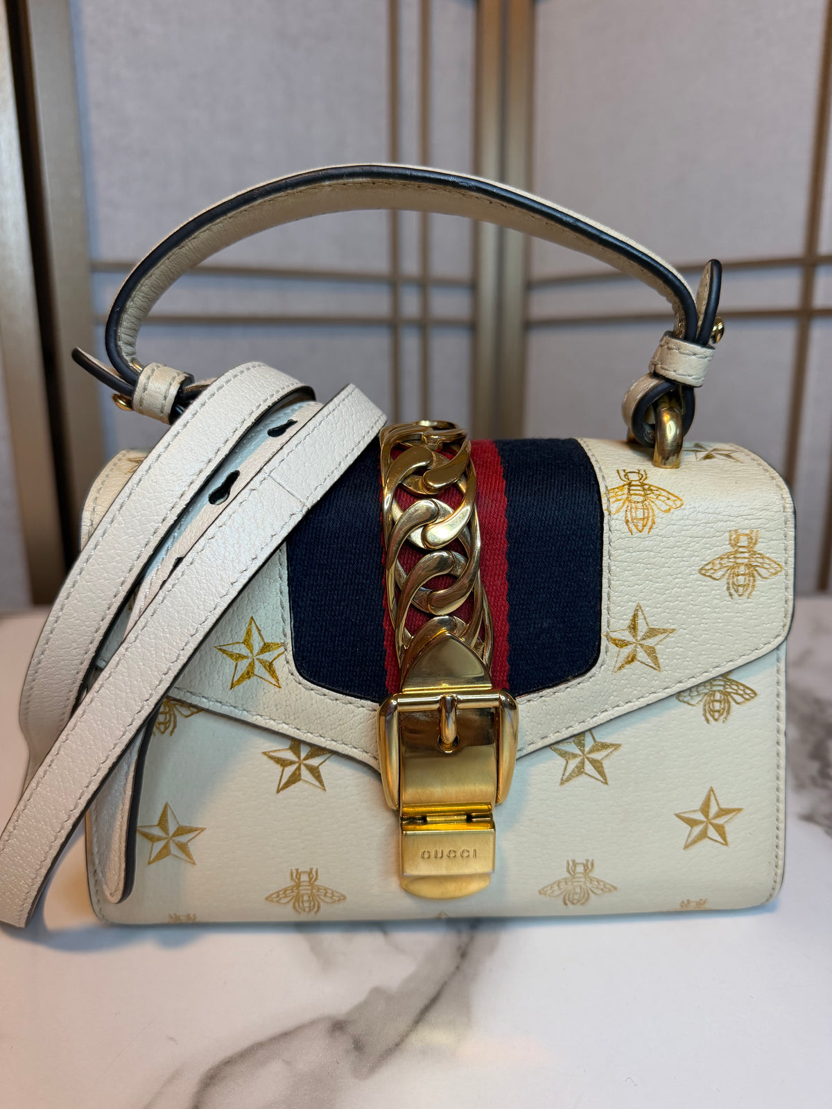Gucci White Sylvie with Gold Details Crossbody Bag