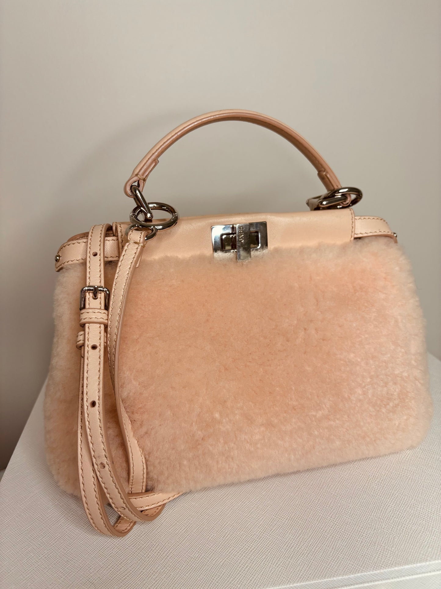 Blush Pink Fendi Peekaboo Shearling Two Way Bag