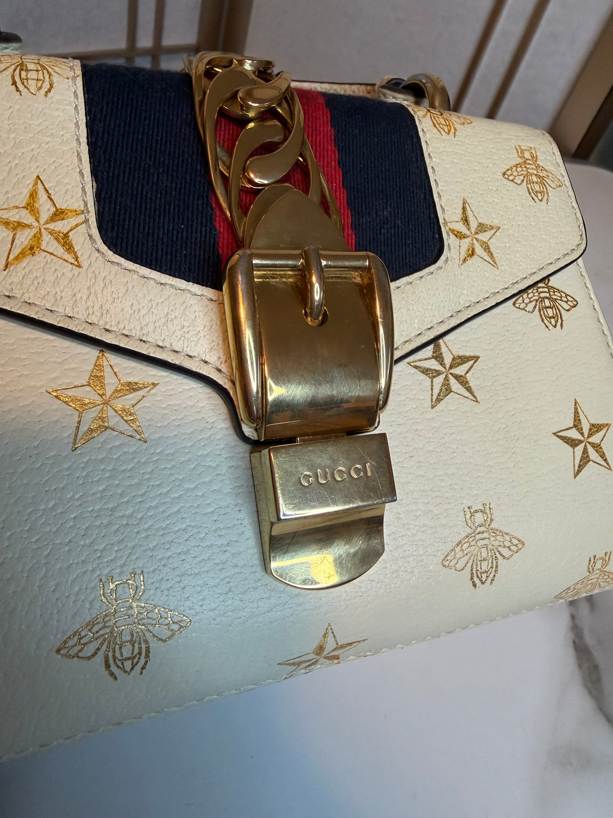 Gucci White Sylvie with Gold Details Crossbody Bag