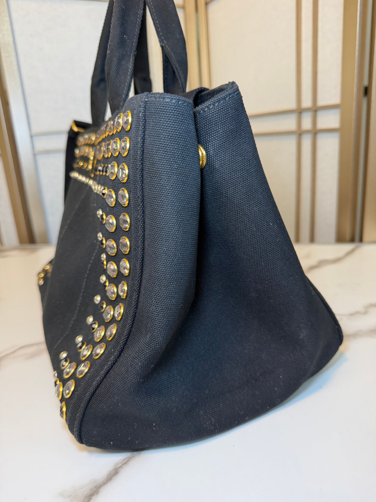 Prada Black Canvas Crystal Studded Tote Bag