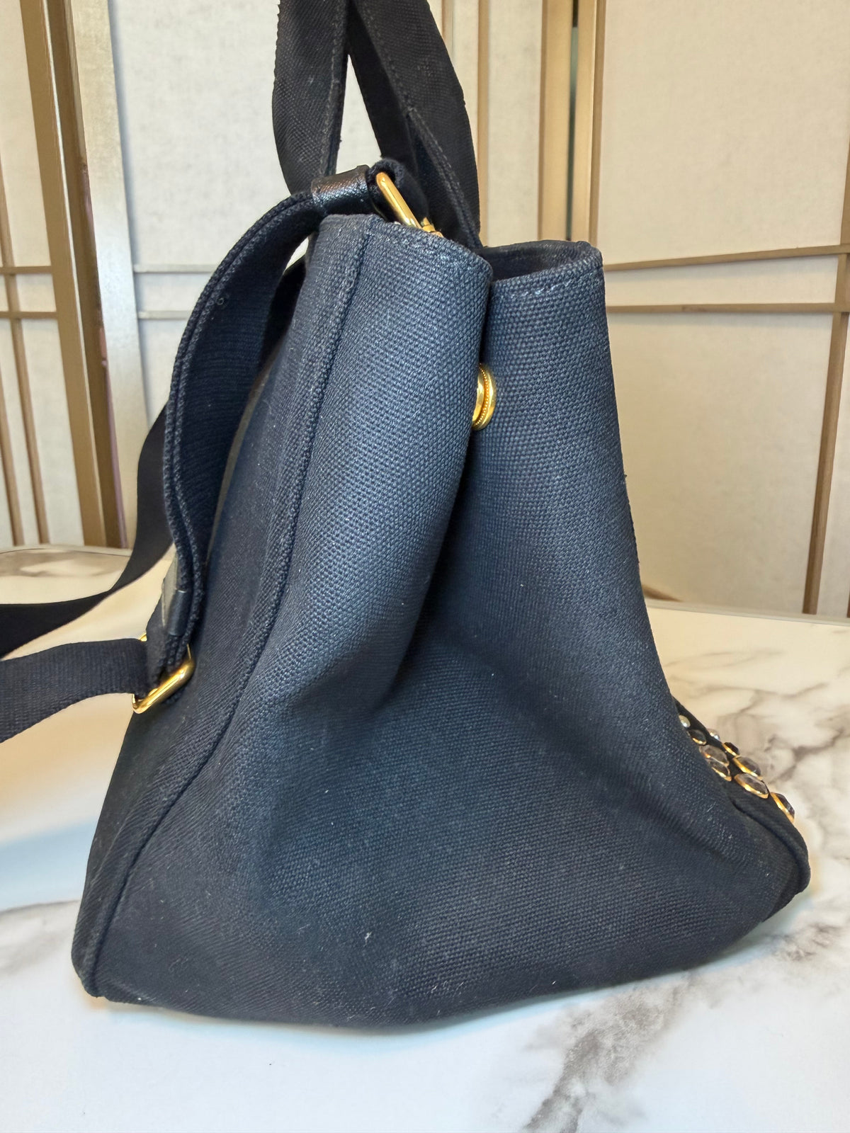 Prada Black Canvas Crystal Studded Tote Bag