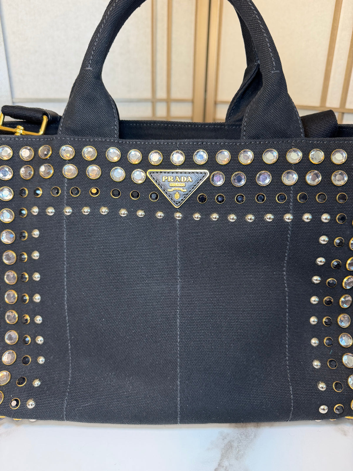 Prada Black Canvas Crystal Studded Tote Bag