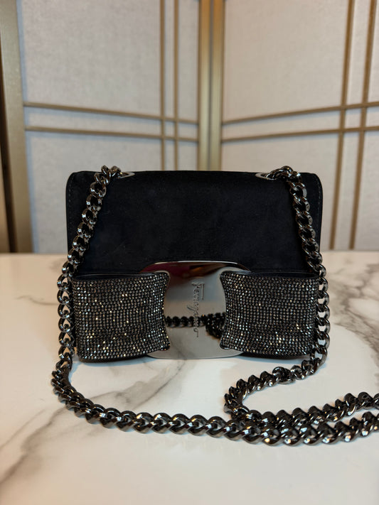 Ferragamo Crystals Bow Black Shoulder Bag