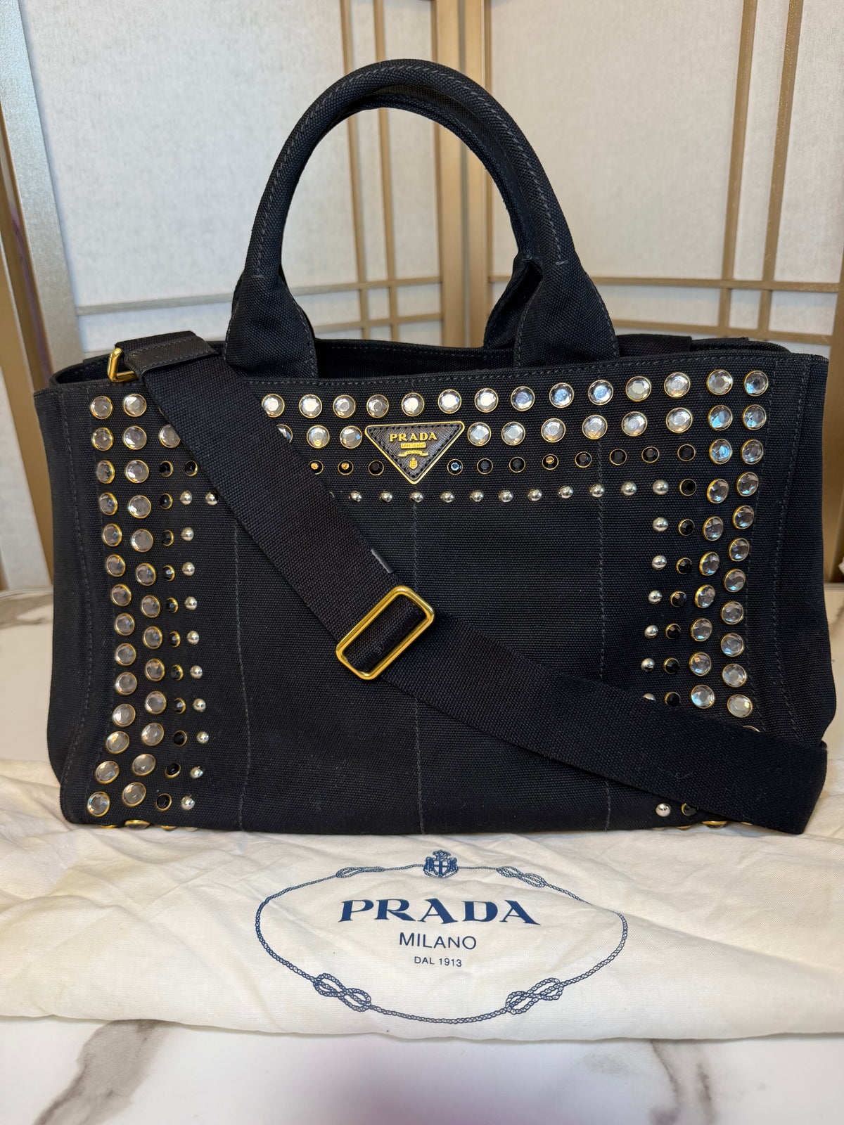 Prada Black Canvas Crystal Studded Tote Bag