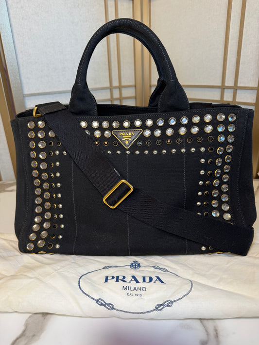 Prada Black Canvas Crystal Studded Tote Bag
